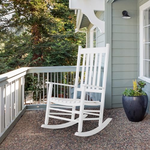 TLGREEN Outdoor Rocking Chair, Solid Wood Oversized Rocking Chair Outdoor with Wide Seat,All Weather Porch Patio Wooden Rocking Chair, Easy to Assemble for Indoor,Outdoor (White)