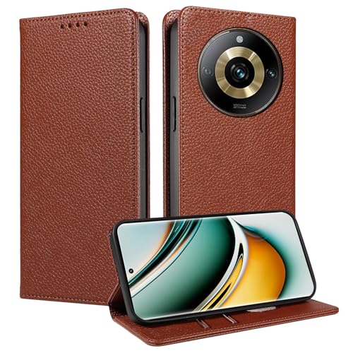 FERLAN Funda para OPPO Realme 11 4G,Funda Protectora de Cuero Genuino con Bloqueo RFID [100% Cuero Genuino] Flip Teléfono Caso con Ranuras para Tarjetas Funda para OPPO Realme 11 4G (Marrón)