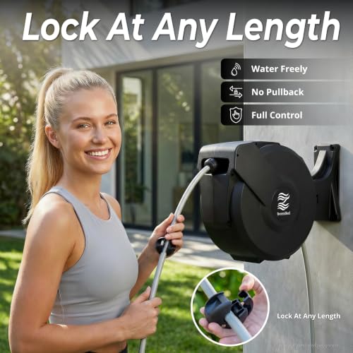 Retractable Garden Hose Reel - 5/8 in x 100 ft Automatic Wall Mount Automatic Water Hose Reel with 10 Patterns Nozzle, Heavy-Duty Aluminum Mount, 180° Swivel, Auto-Lock for Outdoor Watering by BreezeReel - Image 2