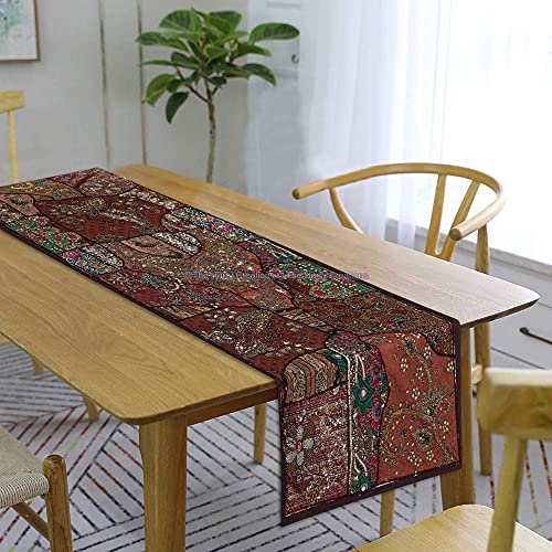 The Harry Creations Ethnic Table Cloth Beads Handmade Cotton Decorative Embroidered Indian Dinning Patchwork Decor Art Room Table Runner (Brown, 20" X 80") #TOP23