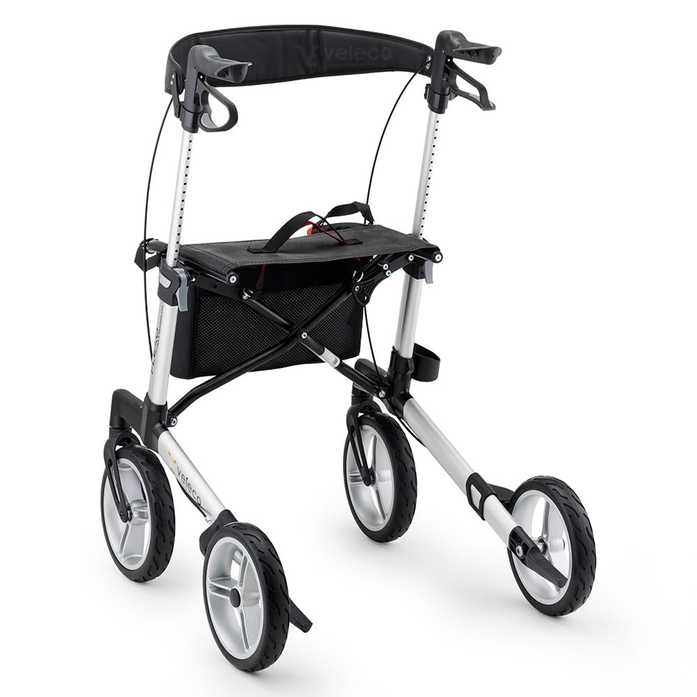 Andador plegable de aluminio Veleco Flexo de 4 ruedas, resistente y ligero, Rollator (Plata)
