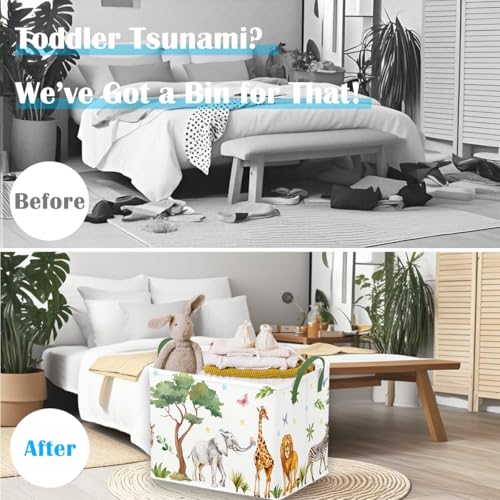 Image of Runtoo Safari Animal Nursery Decor Baby Basket Woodland Elephant Giraffe Baby Shower Decorations Gift Basket Toddler Toy Box Laundry Hamper Closet Storage Bins