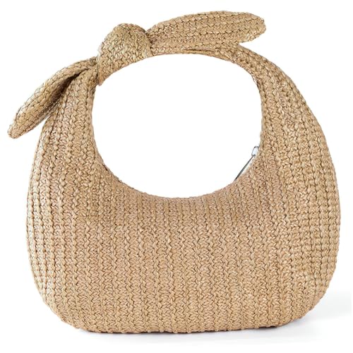Beige Straw Handbag Bow Purse Polyester Clutch Bag for Women Trendy Beach Bag