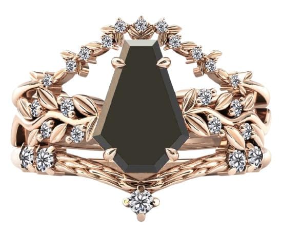 Generic Vine Leaf Vintage 1 CT Coffin Shaped Black Onyx Engagement Ring Set Yellow Rose White Gold Art Deco Black Onyx Wedding Ring Set Bridal Anniversary Ring Set Antique Unique Promise Rings Sets