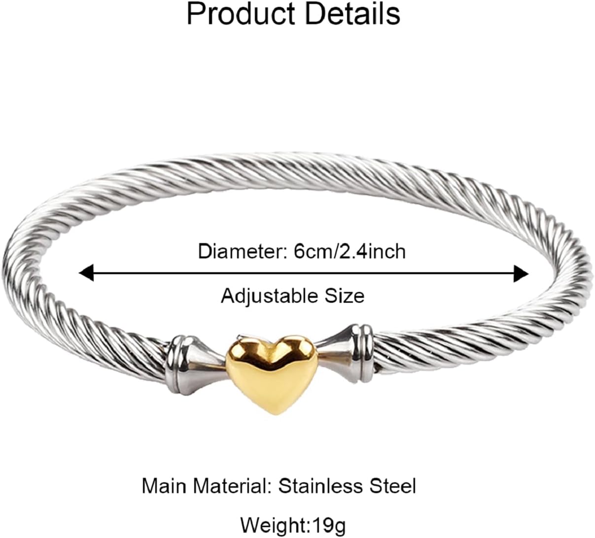 Adjustable Twist Stainless Steel Cable Wire 14K Gold Plated Love Heart Charm Bracelets Friendship Open Bangle Wrist Cuff for Women Men - Image 5