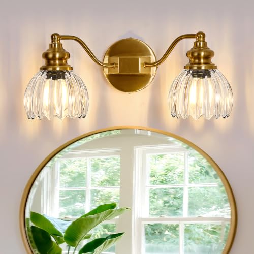 Image of Piepooye Vintage Bathroom Lights Fixtures 2 Lights Gold Vanity Light with Glass LampShade E26 Bulb Indoor Vanity Light Over Mirror for Bedroom Living Room Farmhouse Kitchen