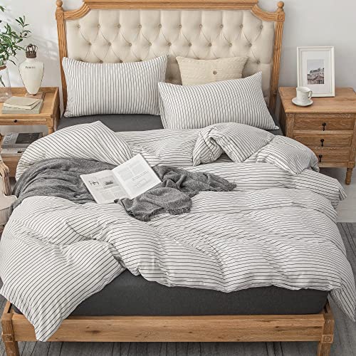 Pure Era Jersey Knit Duvet Cover Set 100% T-Shirt Heather Cotton Super Soft Comfy Classic Striped Design, With Zipper Closure, White & Black Pinstripe, King #TOP2