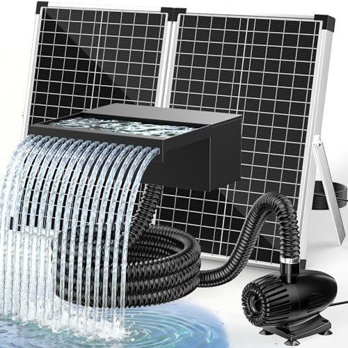 POPOSOAP 55W Solar Pond Waterfall Spillway with Pond Pump, Pond Spillway with 304 Stainless Steel & Filtration System & 9.8FT Tube for Pond Fountain Waterfall Garden Water Features-P5552S