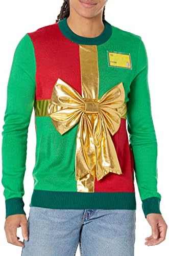 Tipsy Elves Ugly Christmas Sweaters for Men Red and Green Wrapping Paper Pullover with Gold Bow Size X-Large