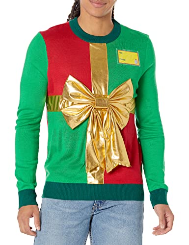 Tipsy Elves Ugly Christmas Sweaters For Men Red And Green Wrapping Paper Pullover With Gold Bow Size X-Large #TOP15