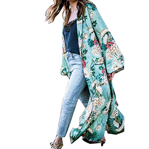 Kimono Mujer Largos Primavera Verano Fashion Patrón De Flores Abierto Cardigan Elegante Relaxed Casual Beach Manga Largo Proteccion Solar Cubrir Abrigos Outwear (Color : Verde, Size : SG) Cover