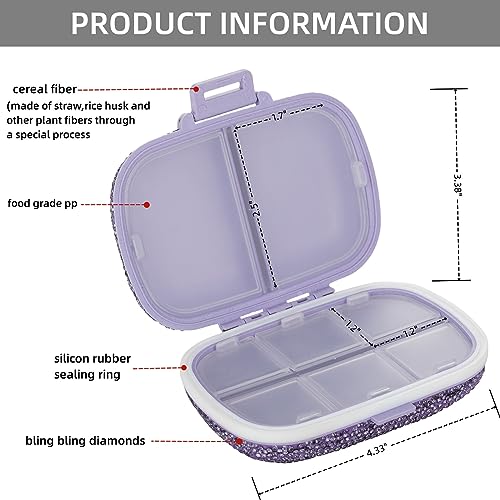 Image of Bling Travel Pill Organizer Cute Pill Box with Labels Rhinestone Pill Case for Purse Portable Daily Pill Container 7 Day Medicine Holder for Vitamin Supplement(Purple)