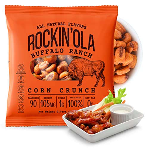 Rockin'Ola Corn Crunch, Back to School Snacks, Crunchy Whole Corn Kernels, Perfect for On the Go, All Natural Flavors, Allergen Free (25 Pack, Buffalo Ranch)