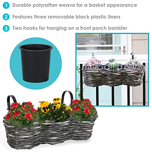 Sunnydaze Indoor/Outdoor Round Polyrattan Over-The-Rail Tri-Planter With 3 Black Liners - Charcoal #TOP4