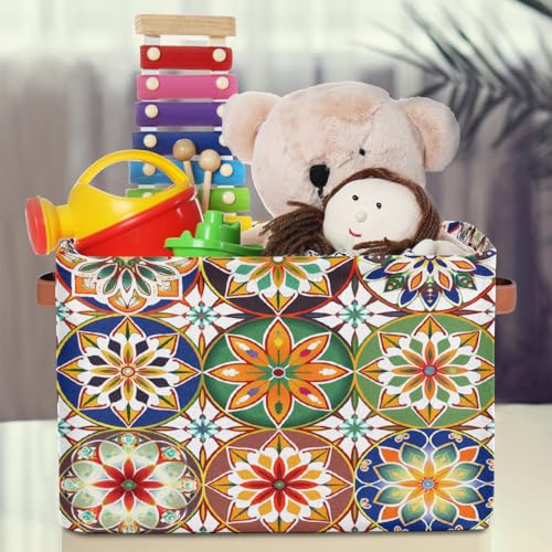 Image of Mandala Flowers Storage Baskets for Organizing, Fabric Collapsible Storage Bins Box Ethnic Boho Decorative Toy Organizer Baskets for Closet Shelves Gift Basket 2Pcs