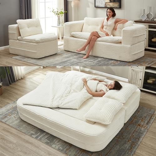 BAYYELL 80" King Size Convertible Sectional Sofa Bed, 3-in-1 Folding Floor Couch with Convertible Chaise Lounge, Plush Corduroy Sleeper Sofa for Living Room and Bedroom, No Assembly Required (Beige)