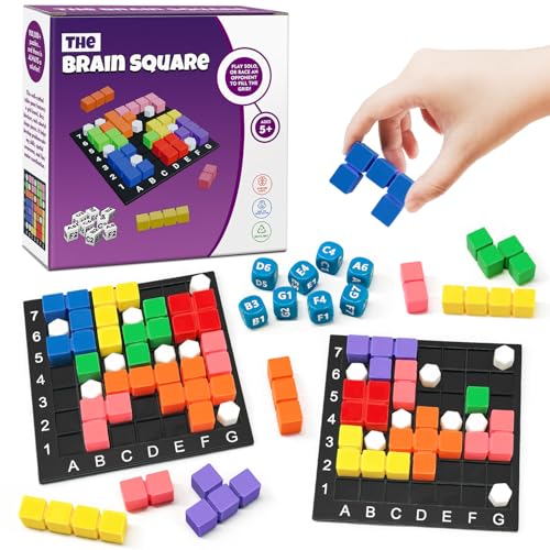 STEM Puzzle Game The Brain Square 2.0 with 10 000 000+ Solutions Pattern Matching Blocks Brain Teaser Toy Roll Dice & Race Your Opponent to Fill Grid for Kids 5+ Back to School Birthday Gift(Hard)