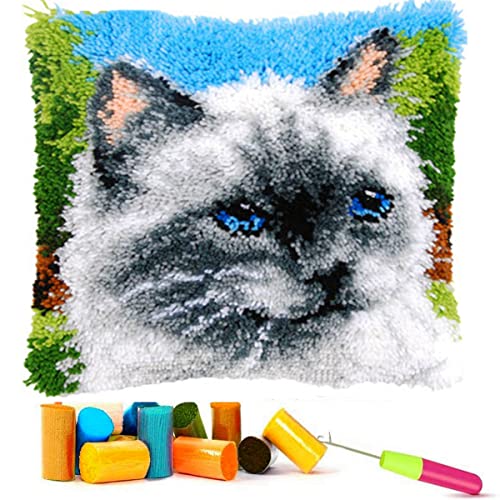 Image of EMISTEM Latch Hook Kits for Adults - Latch Hook Pillow Kits, Crochet Yarn Kit for Beginners, DIY Needlework Crafts Cover Case with Printed Canvas, Gift Packaging. (Blue Eyes Cat,17x17 inch)