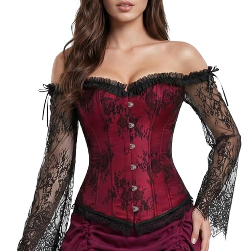 Zhitunemi Corset Tops for Women Renaissance: Womens Halloween Costume Corset Renaissance Fair - Historical Reenactment Events 4X-Large Red