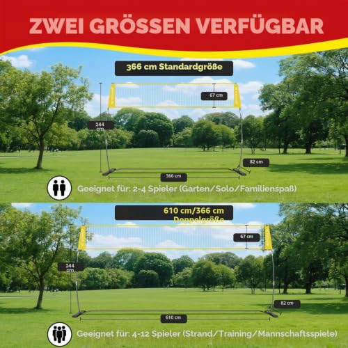 BAGAIL Volleyballnetz, 3.6m/6.1m 2-in-1 Volleyballnetz für den Garten - Verstellbare Höhe, Heavy-Duty-Rahmen, Freistehendes Design - Tragbares Outdoor/Indoor-Volleyball-Set mit Tragetasche, Gelb