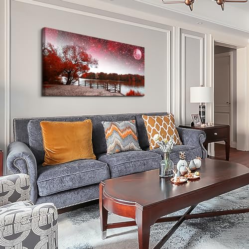 Wapluam Framed Canvas Wall Art For Living Room Wall Decor Artwork For Bedroom Office Decor Red Tree Landscape Wall Paintings Starry Sky Moon Wall Pictures Aesthetic Room Home Decoration 20" X 40" by Wapluam - Image 2