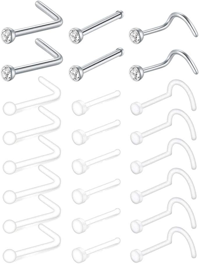 24 Pcs Clear Nose Studs 20G Bioflex Retainers Acrylic & Stainless Steel CZ Flexible Nose Retainers Studs L Shaped Nose Rings Bone Pin Nose Studs Screw For School Work