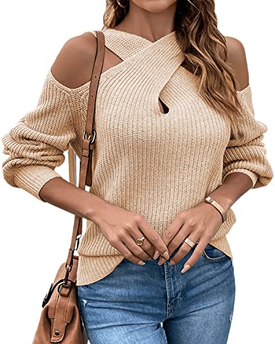 Image of Womens Sexy Criss Cross V Neck Cold Shoulder Pullover Sweater Cutout Lantern Sleeve Halter Sweatshirt Jumper