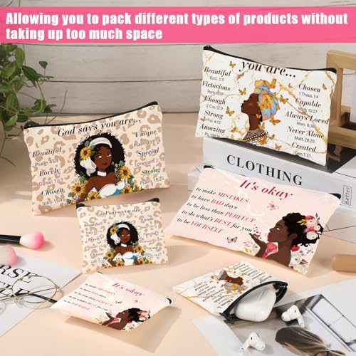 Silkfly 12 Pcs African American Cosmetic Bag for Women Bulk Christian Inspirational Gift Makeup Bag for Black Women Afro Queen Zipper Travel Pouch Purses Toiletry Organizer for Mother Day(Novel)3