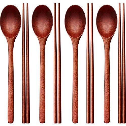 Wooden Spoon and Chopsticks Set Long Handle Spoon Chopstick Flatware Reusable Tableware Combination Utensils for Eating Food, 9.3 Inch (8)