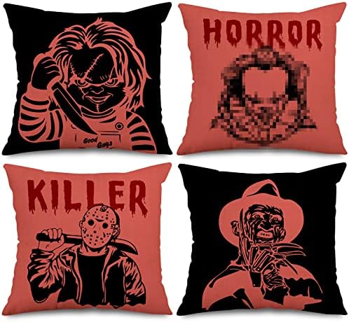 AnyDesign Horror Classic Movie Character Pillow Covers Halloween Throw Pillow Case Red Black Scary Cushion Cover for Horror Movie Lovers Party Supplies Home Couch Sofa Decor, 18 x 18, 4 Pack