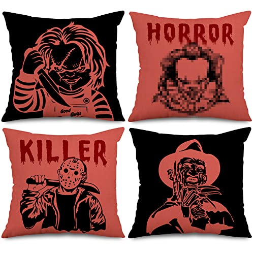Anydesign Horror Classic Movie Character Pillow Covers Halloween Throw Pillow Case Red Black Scary Cushion Cover For Horror Movie Lovers Party Supplies Home Couch Sofa Decor, 18 X 18, 4 Pack #TOP2