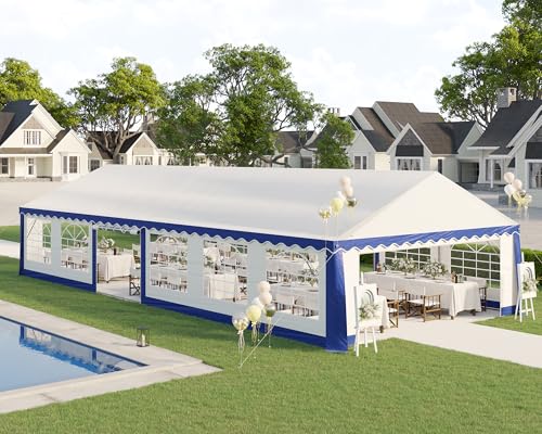 AMERLIFE 20 x 40 FT Party Tent with Rolled Sidewalls, Heavy Duty Wedding Tent for Party Outside with Zinc Alloy Tube & Spiral Stakes, Waterproof Event Shelters, White & Blue
