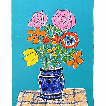 真作□ポール・アイズピリ 版画 青い背景の花 直筆サイン□絵画
