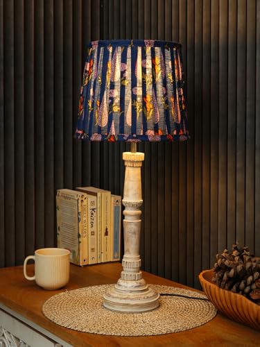 Image of Green Girgit Wooden Distress White Empire Lamp with Pleeted Multicolor Blue Leaf Lamp Shade