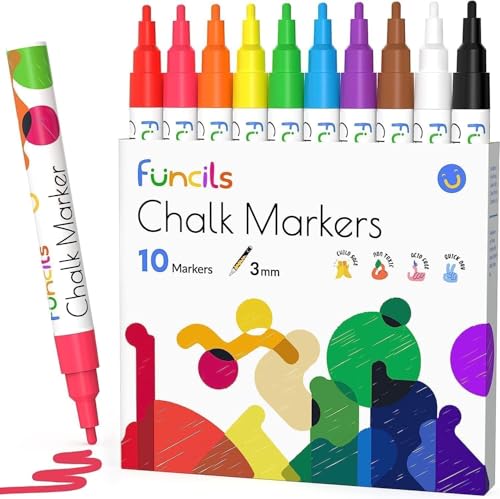 Funcils Fine Tip Chalk Markers for Chalkboard, Blackboard, Window, Labels, Bistro, Glass, Car, Board (10 Pack, 3mm) - Wet Wipe Erasable Ink, 3mm Reversible Tip Liquid Chalk Pens