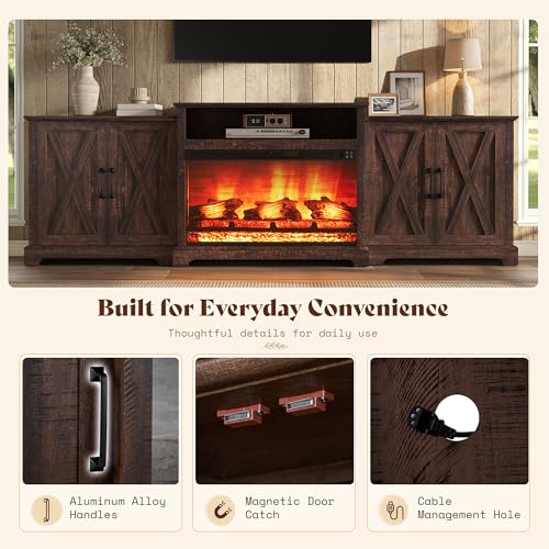 Image of AMERLIFE 97 inch Large Fireplace TV Stand for TVs up to 110 inch, Farmhouse Entertainment Center with 33 inch Electric Fireplace, Media Console with Storage Cabinets & Adjustable Shelf, Rustic Brown