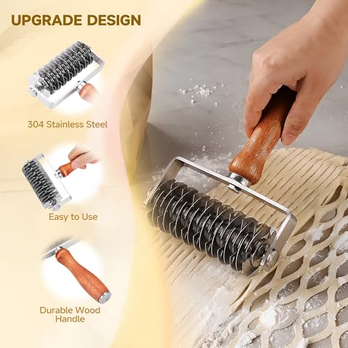 Pastry Lattice Roller Cutter, Stainless Steel Dough Cutter Wheel with Wood Handle, Time-Saver Baking Tools for Beef Wellington Pie Crust Pizza Bread - Thumbnail 3
