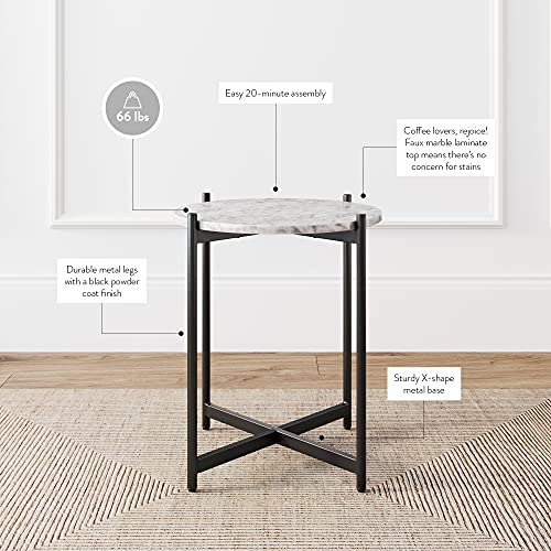 Nathan James Alexis Round Modern Accent, End Table With Metal Legs And Faux-Marble Tabletop For Living Bedroom And Nursery Room, 20 In X 20 In X 23 In, Side/Black #TOP2
