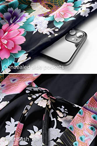 Image of BABEYOND Women's Kimono Robe Long Satin Robes with Peacock and Blossoms Printed Kimono Nightgown