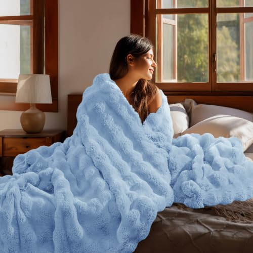 Image of BEDELITE Faux Fur Throw Bubble Blanket for Couch, 50 inch x 60 inch, Light Blue