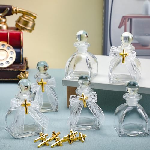 Chuangdi 24 Set Holy Water Bottles Catholic Clear Holy Water Container 50ml Christian Glass Bottle with Cross Lapel Pin and Lace Bow for Communion Gift Church Baptism Wedding Party (White) by Chuangdi - Image 5