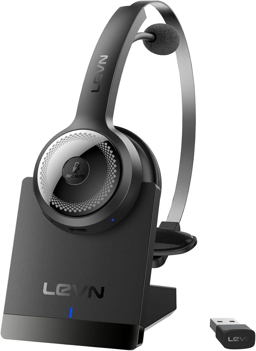 LEVN Wireless Headset with Mic for Work, Wireless Headset (Charging Base, Noise Cancelling & Mute Button), Long Battery Life, Bluetooth Headsets for Home/Office/Call Center/Laptop/Teams/Zoom