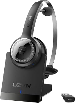 LEVN Wireless Headset with Mic for Work, Wireless Headset Charging Base, Noise Cancelling & Mute Button, Long Battery Life, Bluetooth Headsets for Home/Office/Call Center/Laptop/Teams/Zoom