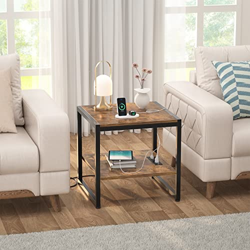 Homieasy End Table With Charging Station, 20 Inch Square Side Table With Usb Ports & Power Outlets, Industrial Nightstand With 2-Tier Storage Shelf, Mini Fridge Stand For Small Spaces, Rustic Brown #TOP7