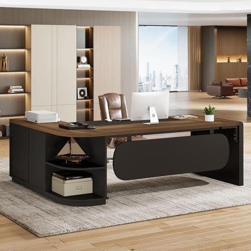 Image of Tribesigns 80'' L-Shaped Desk, Large Executive Office Desk with 55'' Drawers Cabinet, Modern Commercial Office Table with Storage Shelves, Business Furniture for Home Office, Brown & Black
