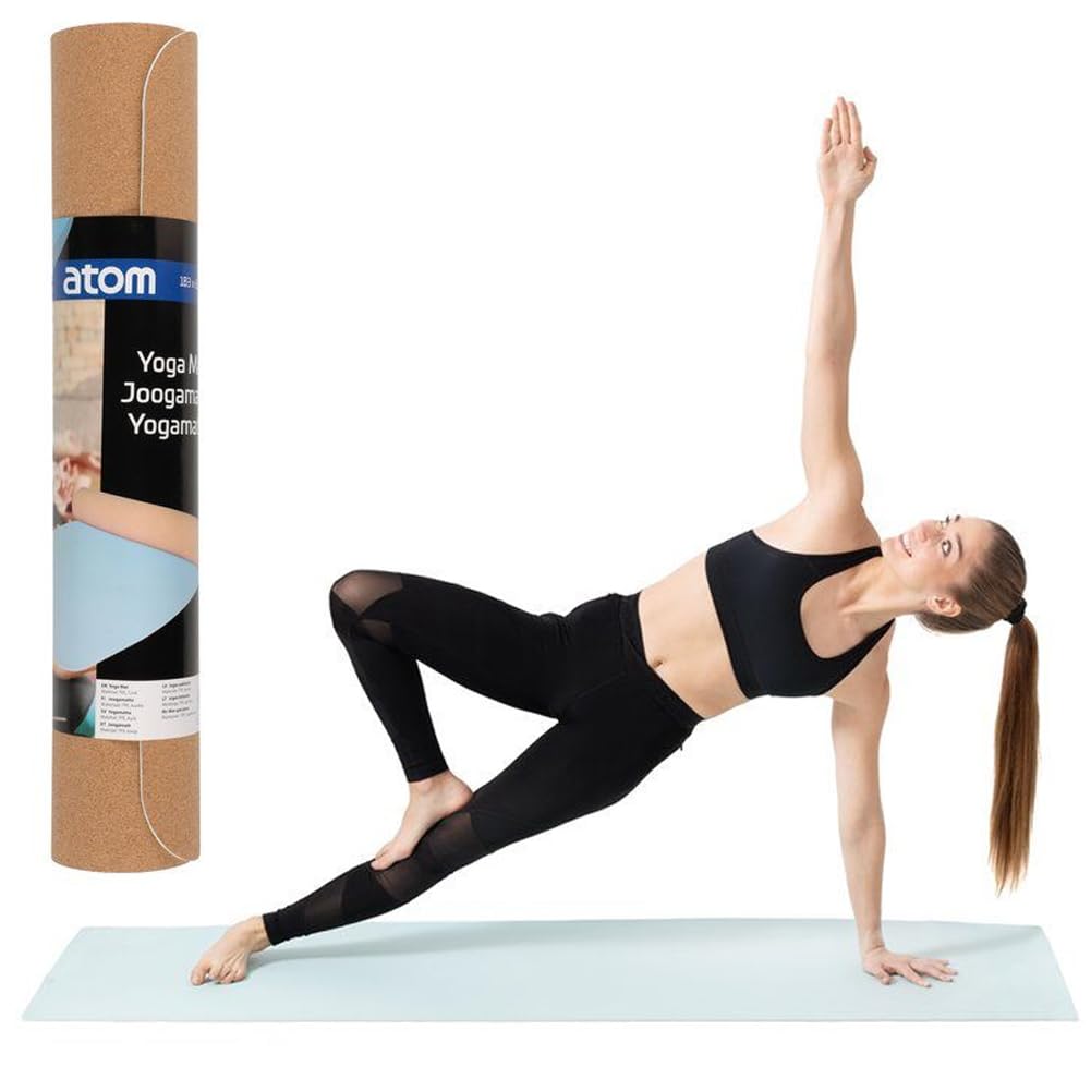 BAKAJI Tappetino Yoga in TPE e Sughero Doppio Strato Antiscivolo Alta Densità, Materassino Tappeto Allenamento Fitness, Aerobica, Palestra, Ginnastica, Dimensione 183 x 61 cm, Arrotolabile