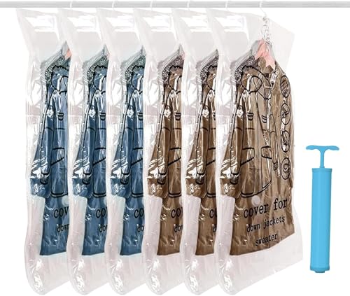 Wenrecu Hängende Vakuumbeutel für Kleidung, 6 Stück 110×70CM Vakuumierbeutel mit Handpumpe, Platz sparen Kleiderschrank-Organisator, Vacuum Bags für Saisonale Kleidung, Kleider, Anzüge, Mäntel, Jacken