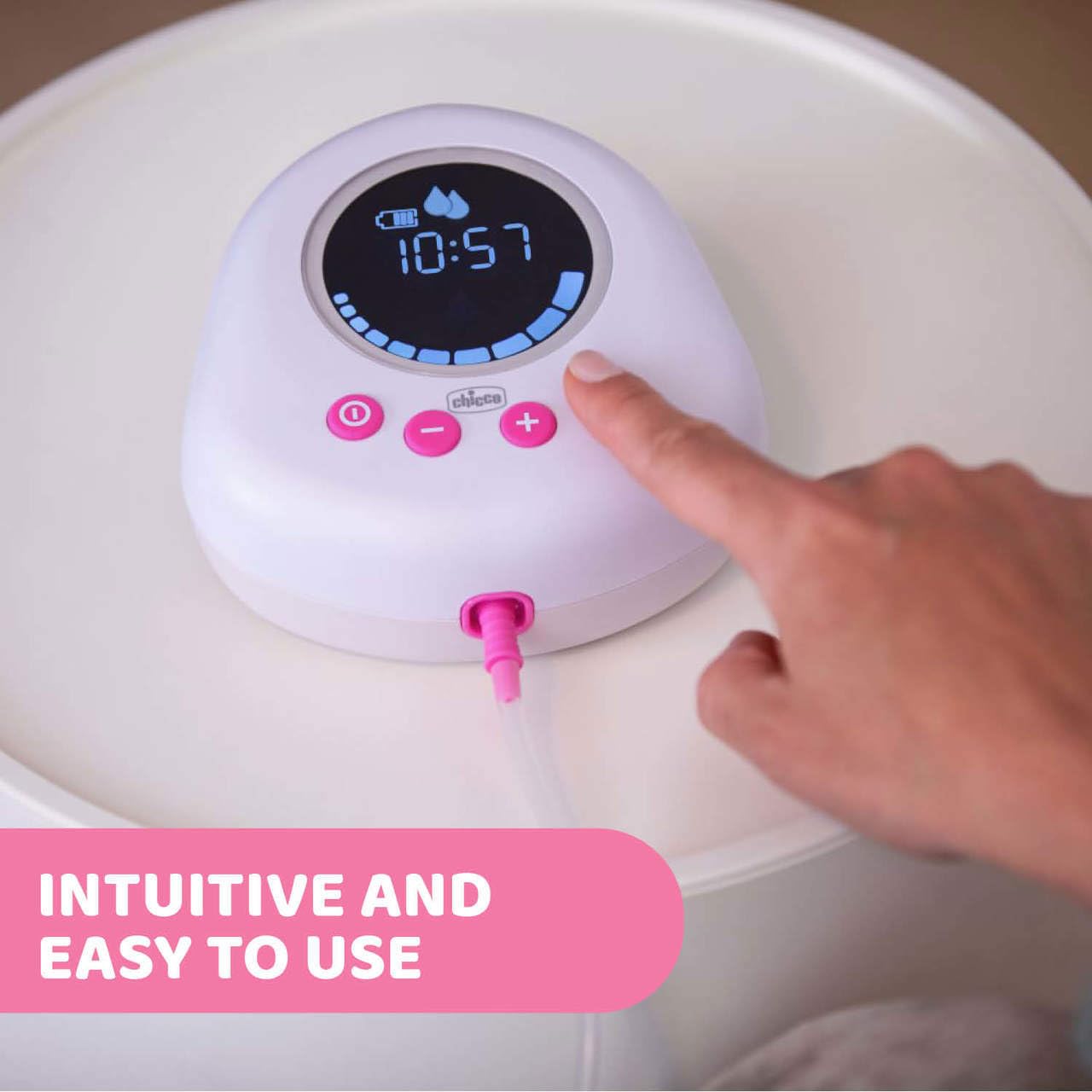 Chicco Elektrische Milchpumpe mit Stimulations- und Extraktionsphasen, 10 Intensitätsstufen, Komfortabel und schnell, ergonomische Form, mit geneigtem Sauger und auslaufsicherem Deckel, Weiß, 150 ml