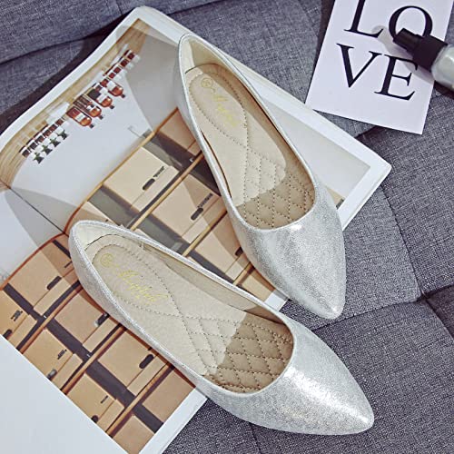 Rvrovic Women Flat Shoes Snakeskin Leather Pointed Toe Flats Sparkly Comfort Dress Ballet Flat Lightweight Slip On Loafers(7,1-White) #TOP3