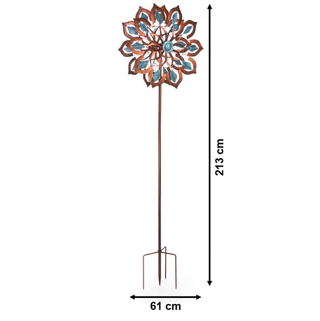 Kobolo Windrad Dekostecker Fiore | 61x23x213 cm | Metall | braun-blau | modernes Garten-Windspiel | XXL Metallwindrad für Gartendeko, Vorgarten & Outdoor-Dekoration | robuster Gartenstecker